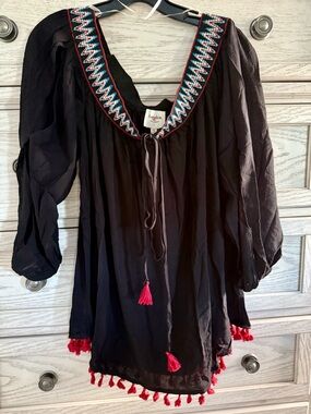 Hayden Black Boho Tunic w/ Multicolor Embroidered Neckline and Red Tassels (1X)